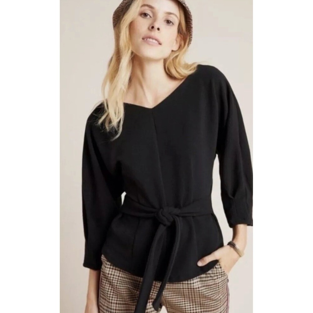Anthropologie Black Tie Waist‎ Puff Sleeve Top NWT Small